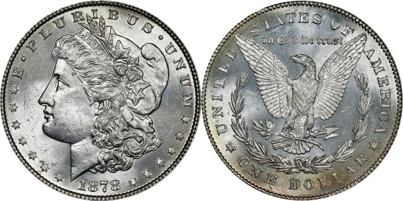 1878 Morgan Silver Dollar. 7 Tailfeathers. Reverse of 1878. VAM-110. MS-63 (ANAC...