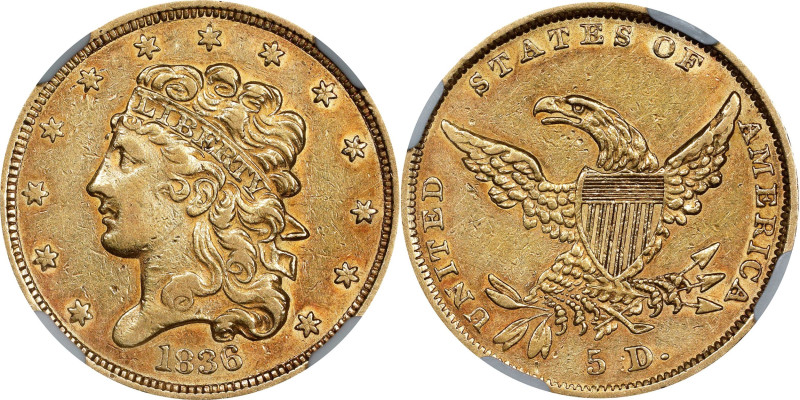 1836 Classic Head Half Eagle. AU-50 (NGC).
PCGS# 8174. NGC ID: 25RY.