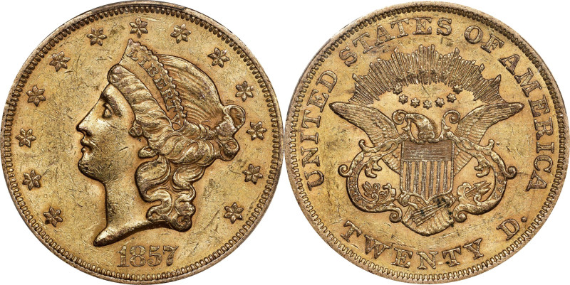 1857 Liberty Head Double Eagle. AU-58 (PCGS). CAC.
PCGS# 8920. NGC ID: 2693.