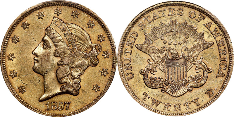 1857 Liberty Head Double Eagle. AU-53 (PCGS). CAC.
PCGS# 8920. NGC ID: 2693.