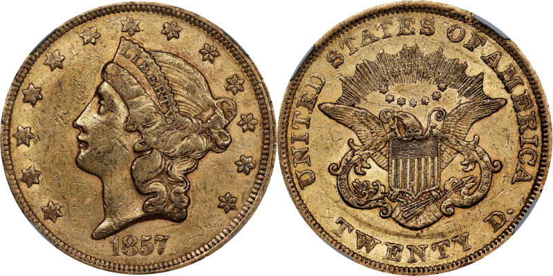 1857 Liberty Head Double Eagle. AU-53 (NGC). CAC.
PCGS# 8920. NGC ID: 2693.