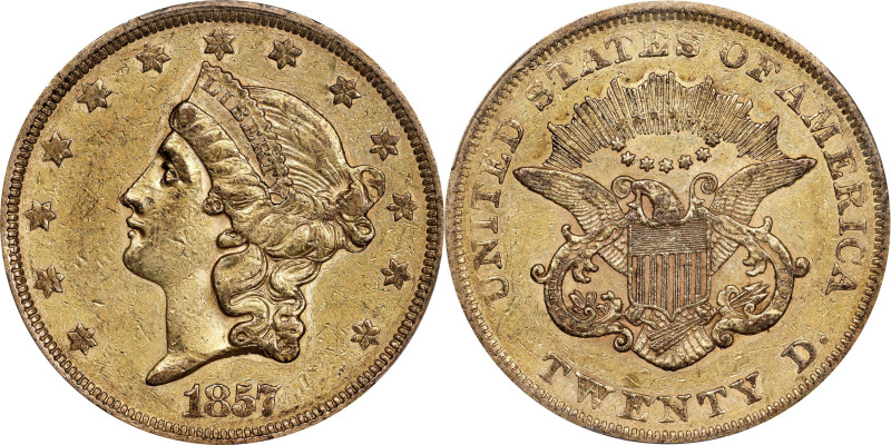 1857 Liberty Head Double Eagle. AU-50 (PCGS). CAC.
PCGS# 8920. NGC ID: 2693.