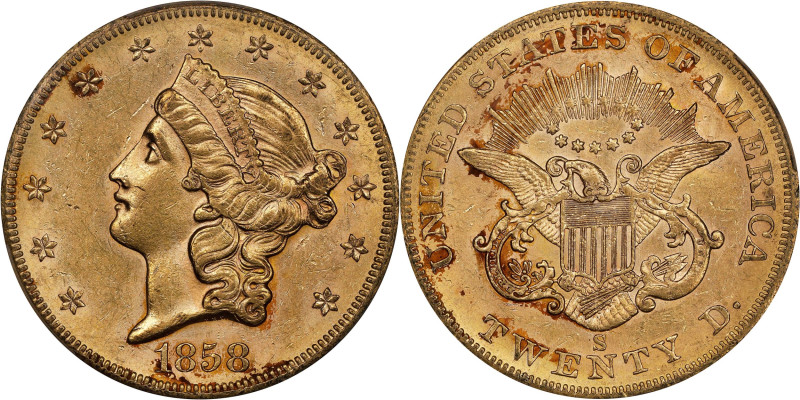 1858-S Liberty Head Double Eagle. AU-58 (PCGS).
PCGS# 8925. NGC ID: 2699.