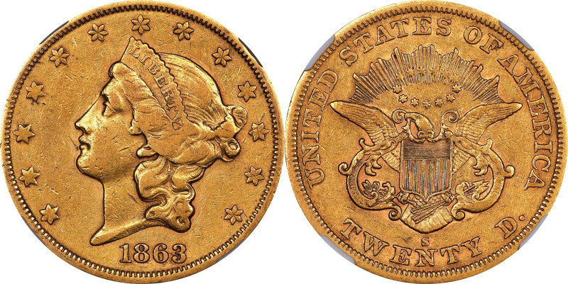 1863-S Liberty Head Double Eagle. EF-45 (NGC).
PCGS# 8940. NGC ID: 269R.