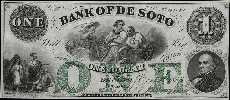 De Soto, Nebraska. Bank of De Soto. 1863 $1. Choice Uncirculated.
(Haxby-NE-25-...