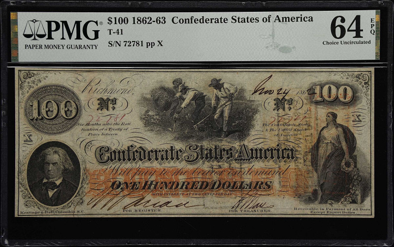 T-41. Confederate Currency. 1862 $100. PMG Choice Uncirculated 64 EPQ.
Another ...