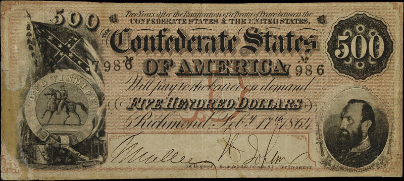 T-64. Confederate Currency. 1864 $500. Very Fine.
A solid note of a historicall...