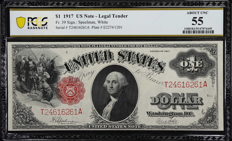 Fr. 39. 1917 $1 Legal Tender Note. PCGS Banknote About Uncirculated 55.
A lovel...