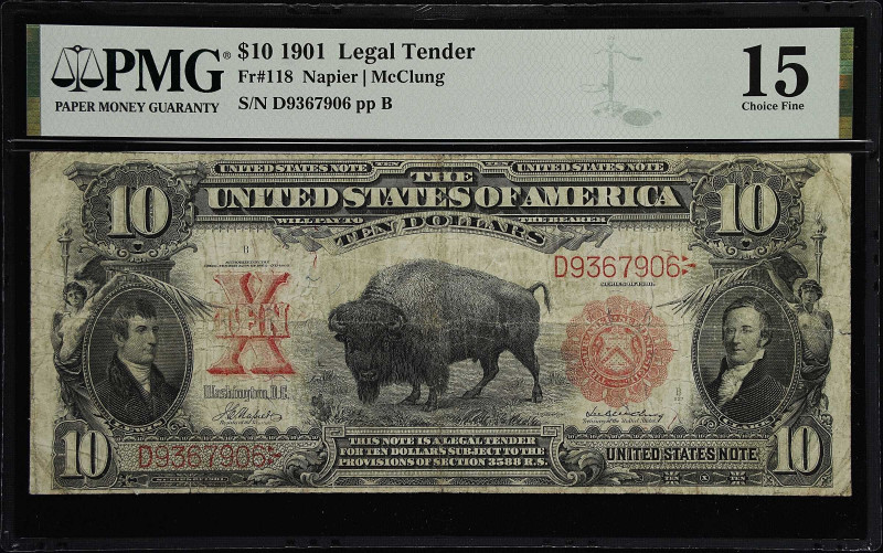 Fr. 118. 1901 $10 Legal Tender Note. PMG Choice Fine 15.
A solid example of thi...