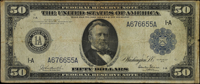 Fr. 1025. 1914 $50 Federal Reserve Note. Boston. Fine.
A solid example of a cla...