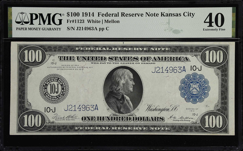 Fr. 1123. 1914 $100 Federal Reserve Note. Kansas City. PMG Extremely Fine 40.
A...