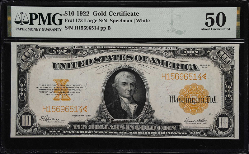 Fr. 1173. 1922 $10 Gold Certificate. PMG About Uncirculated 50.
A radiant examp...