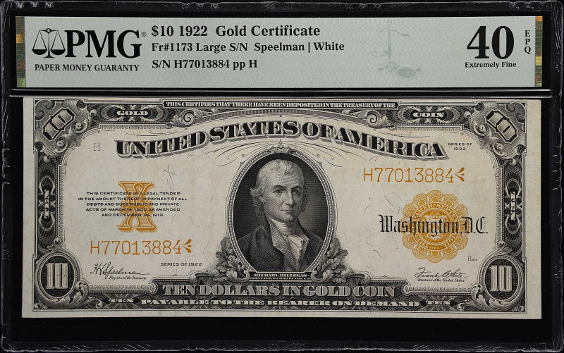 Fr. 1173. 1922 $10 Gold Certificate. PMG Extremely Fine 40 EPQ.
Strict original...