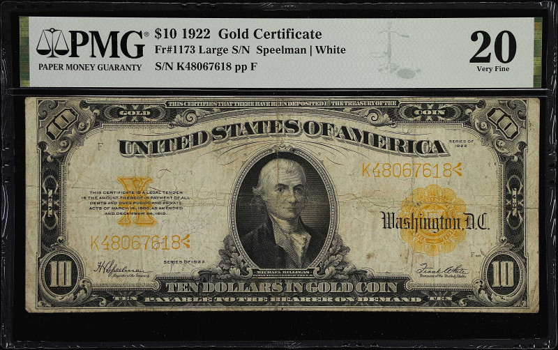 Fr. 1173. 1922 $10 Gold Certificate. PMG Very Fine 20.
A nice example of a popu...