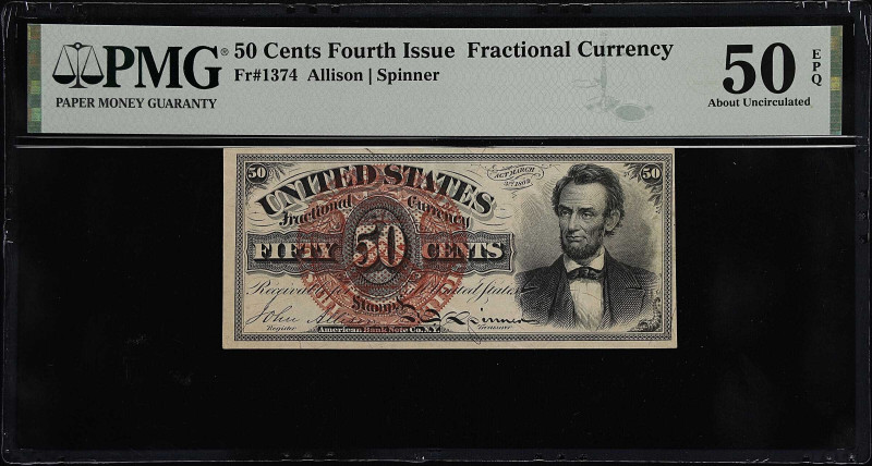 Fr. 1374. 50 Cents. Fourth Issue. PMG About Uncirculated 50 EPQ.
Plenty of orig...