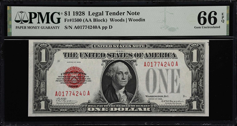 Fr. 1500. 1928 $1 Legal Tender Note. PMG Gem Uncirculated 66 EPQ.
Exceptional e...