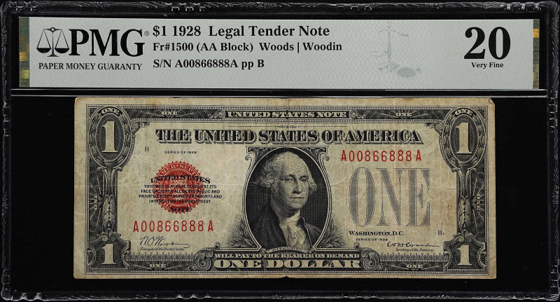 Fr. 1500. 1928 $1 Legal Tender Note. PMG Very Fine 20.
Red Seal $1 notes have a...