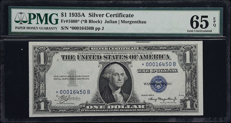 Fr. 1608*. 1935A $1 Silver Certificate. PMG Gem Uncirculated 65 EPQ.
An outstan...