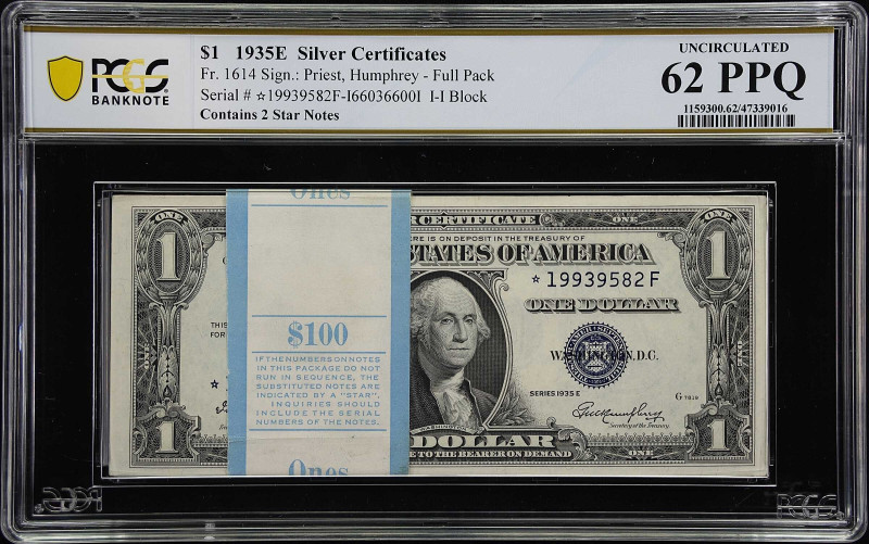 Pack of (100) Fr. 1614. 1935E $1 Silver Certificate. PCGS Banknote Uncirculated ...