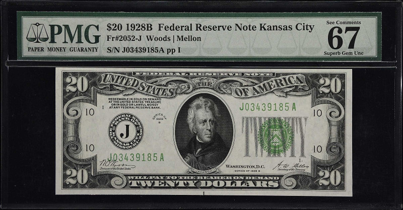 Fr. 2052-J. 1928B $20 Federal Reserve Note. Kansas City. PMG Superb Gem Uncircul...