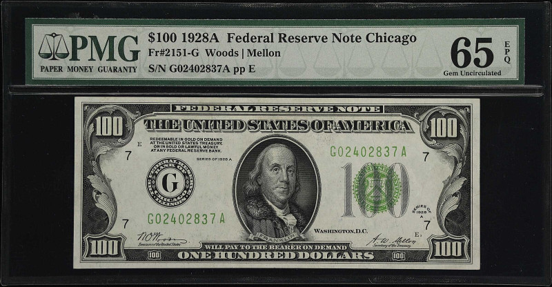 Fr. 2151-G. 1928A $100 Federal Reserve Note. Chicago. PMG Gem Uncirculated 65 EP...