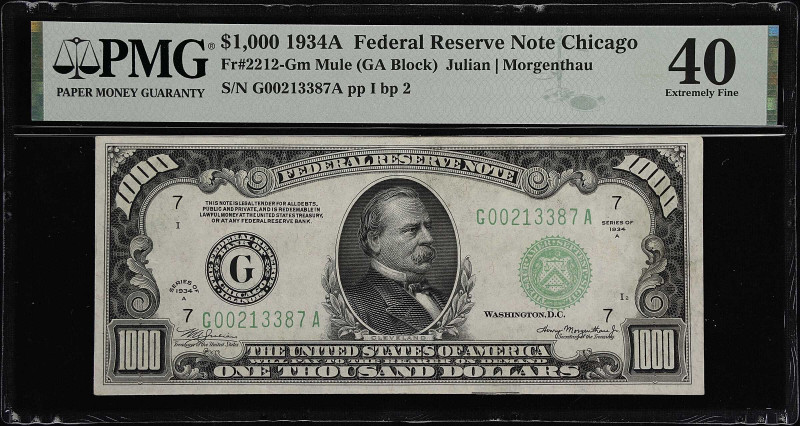 Fr. 2212-Gm. 1934A $1000 Federal Reserve Mule Note. Chicago. PMG Extremely Fine ...