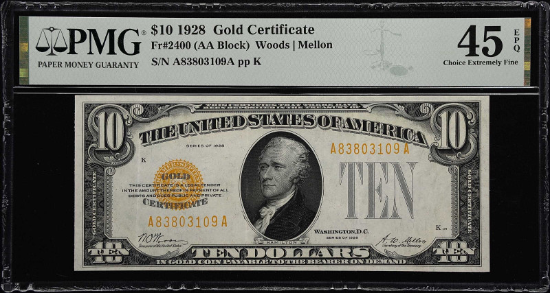 Fr. 2400. 1928 $10 Gold Certificate. PMG Choice Extremely Fine 45 EPQ.
A most l...