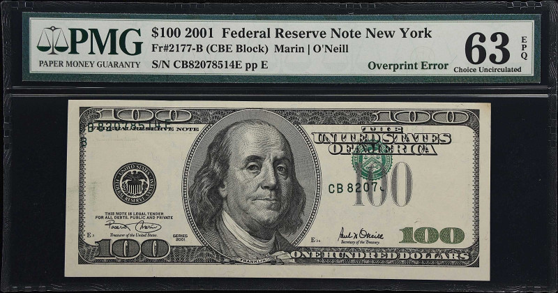 Fr. 2177-B. 2001 $100 Federal Reserve Note. New York. PMG Choice Uncirculated 63...