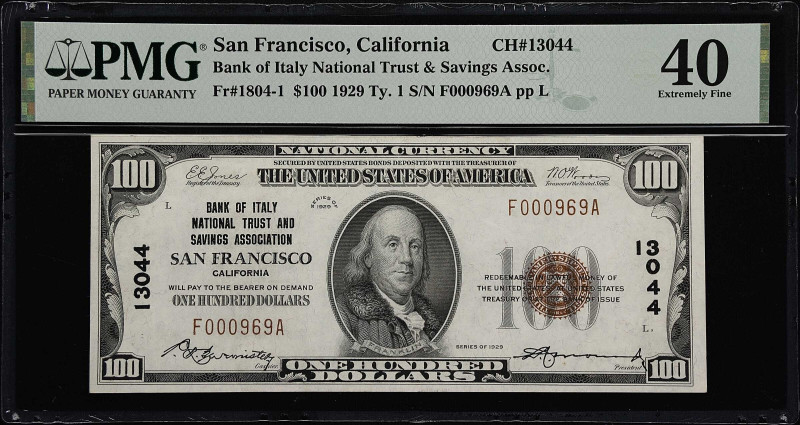 San Francisco, California. $100 1929 Ty. 1. Fr. 1804-1. Bank of America National...