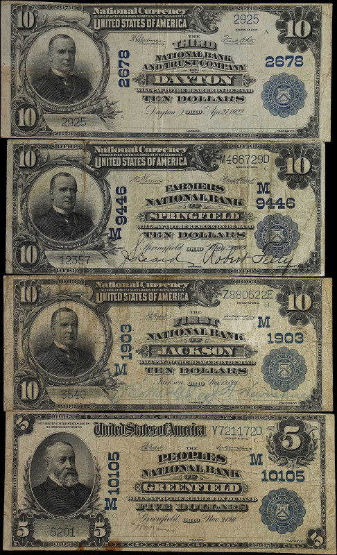 Lot of (4) Ohio Nationals. $5 & $10 1902 Plain Back. Fr. 602, 626, 628 & 635. Fi...