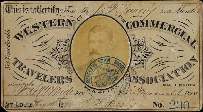 1878 St. Louis Western of the Commercial Travelers Association Membership Card....