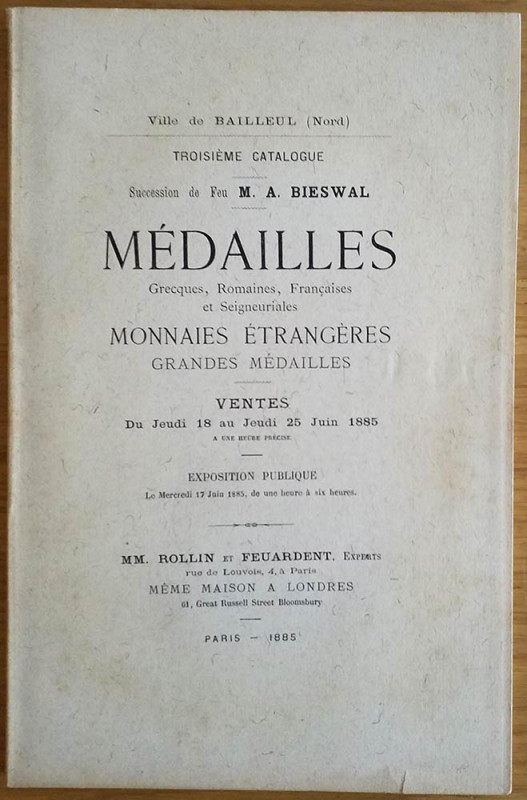 Rollin MM. Feuardent Troisieme Catalogue Succession de Feu M. A. Bieswal. Medail...