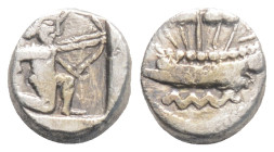 Phoenicia, Sidon AR Sixteenth Shekel. Circa 435-425 BC. Phoenician galley sailing left / Persian king or hero standing right, drawing bow, with quiver...