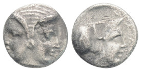 Mysia, Lampsakos. AR Diobol, 1.1 g 10,4 mm. 4th-3rd centuries BC.
Obv: Janiform female head.
Rev: ΛΑΜΨA. Helmeted head of Athena right within incuse s...
