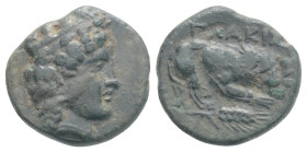 MYSIA. Plakia. Ae (4th century BC). 1,2 g. 12,5 mm.
Obv: Turreted head of Kybele right.
Rev: ΠΛΑΚΙΑ. Lion, devouring prey, standing right on grain ear...