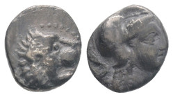 PAMPHYLIA, Side. Circa 400-380 BC. AR Obol Head of lion right / Helmeted head of Athena right.
0.69g 9,4 mm