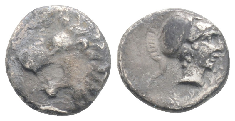 PAMPHYLIA, Side. Circa 400-380 BC. AR Obol Head of lion right / Helmeted head of...