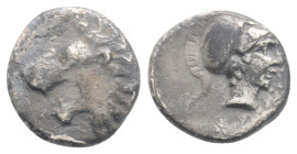 PAMPHYLIA, Side. Circa 400-380 BC. AR Obol Head of lion right / Helmeted head of Athena right.
0.69g 9,9 mm