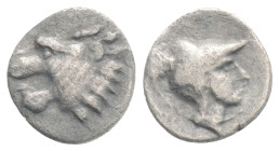 PAMPHYLIA, Side. Circa 400-380 BC. AR Obol Head of lion right / Helmeted head of Athena right.
0.36g 9,2 mm