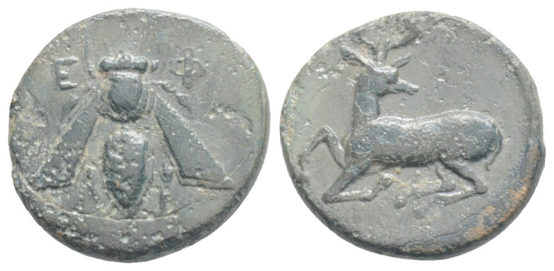 Ionia, Ephesos. Ae, 4th century BC. 1,7 g. 15 mm.
Obv: Ε - Φ. Bee.
Rev: *ΝΤΑΛΕΩ*...