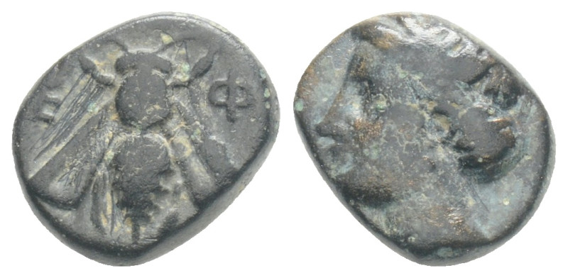 Ionia, Ephesos. Ae, . Circa 375-325 BC. 1,3 g. 10,3 mm.
Obv: Female head left, w...