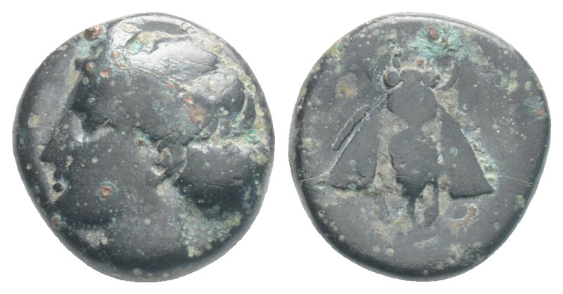 Ionia, Ephesos. Ae, . Circa 375-325 BC. 1,3 g. 10,2 mm.
Obv: Female head left, w...
