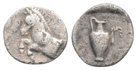 Mysia. Prokonnesos circa 400-280 BC. Obol AR Forepart of horse left, grape bunch to right / Oinochoe, Π to right, all within incuse square. 0.57 g 9.3...