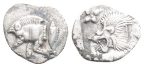 Greek MYSIA, Kyzikos (Circa 450-400 BC) AR obol (10 mm, 0,40 g)
Obv: Forepart of boar left; to right, tunny upward.
Rev: Head of roaring lion left;