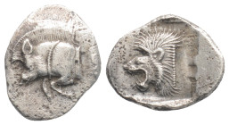 Greek MYSIA, Kyzikos (Circa 450-400 BC) AR obol (12,4 mm, 0,83 g)
Obv: Forepart of boar left; to right, tunny upward.
Rev: Head of roaring lion left;