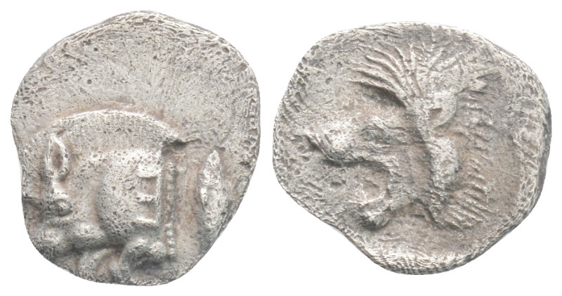 Greek MYSIA, Kyzikos (Circa 450-400 BC) AR obol (12,5 mm, 0,72 g)
Obv: Forepart ...