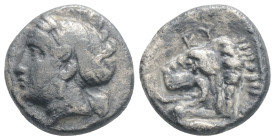 Greek
Mysia, Kyzikos AR Drachm. Circa 390-340 BC. 3 g. 14,3 mm. Veiled head of Kore Soteira left, hair bound with sphendone / Head of roaring lion lef...