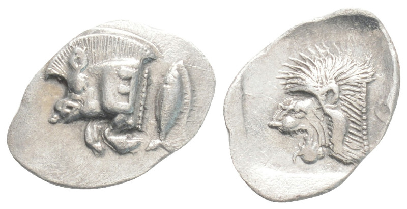 Greek MYSIA, Kyzikos (Circa 450-400 BC) AR obol (15,1 mm, 0.80 g)
Obv: Forepart ...