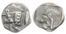 Greek MYSIA, Kyzikos (Circa 450-400 BC) AR obol (10,9 mm, 0.83 g)
Obv: Forepart of boar left; to right, tunny upward. Rev: Head of roaring lion left;