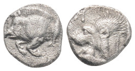 Greek MYSIA, Kyzikos (Circa 450-400 BC) AR obol (8,8 mm, 0.78 g)
Obv: Forepart of boar left; to right, tunny upward. Rev: Head of roaring lion left;